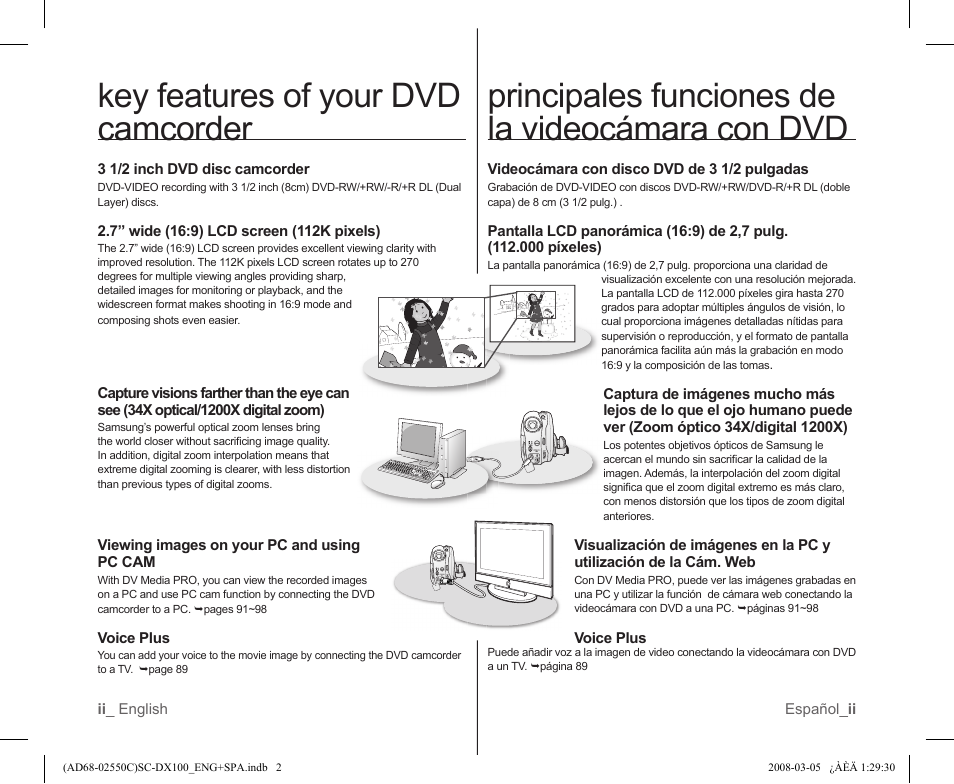 Key features of your dvd camcorder, Principales funciones de la videocámara con dvd | Samsung SC-DX103-XAA User Manual | Page 2 / 120