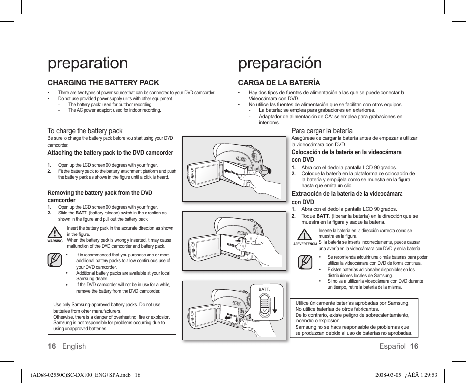 Preparation, Preparación, 16 _ english español_ 16 charging the battery pack | Carga de la batería, Para cargar la batería | Samsung SC-DX103-XAA User Manual | Page 22 / 120