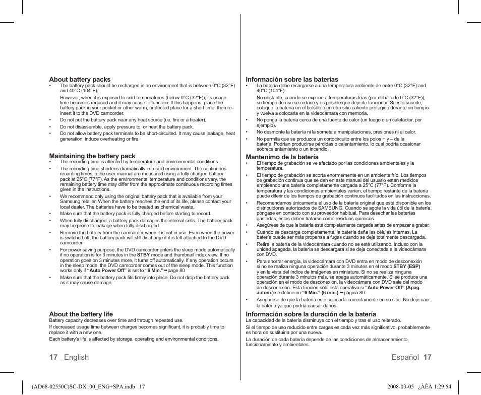 17 _ english español_ 17, About battery packs, Maintaining the battery pack | About the battery life, Información sobre las baterías, Mantenimo de la batería, Información sobre la duración de la batería | Samsung SC-DX103-XAA User Manual | Page 23 / 120