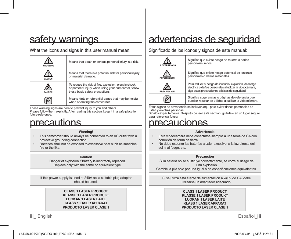 Safety warnings, Precautions, Advertencias de seguridad | Precauciones | Samsung SC-DX103-XAA User Manual | Page 3 / 120