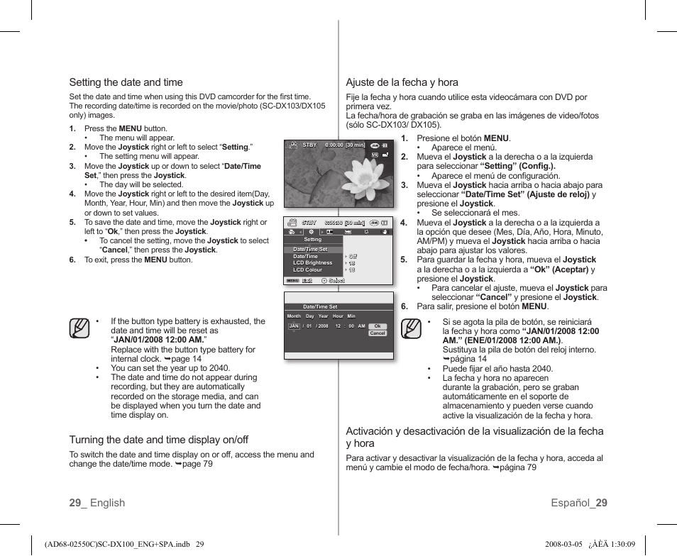 29 _ english español_ 29 setting the date and time, Turning the date and time display on/off, Ajuste de la fecha y hora | Samsung SC-DX103-XAA User Manual | Page 35 / 120