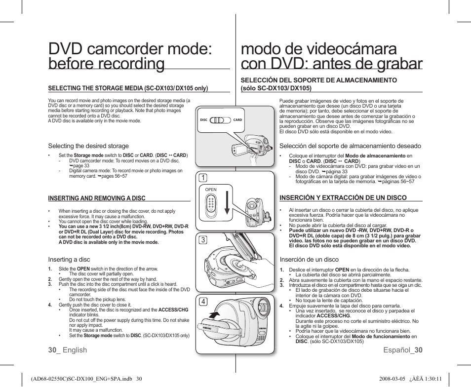 Dvd camcorder mode: before recording, Modo de videocámara con dvd: antes de grabar, 30 _ english español_ 30 | Samsung SC-DX103-XAA User Manual | Page 36 / 120