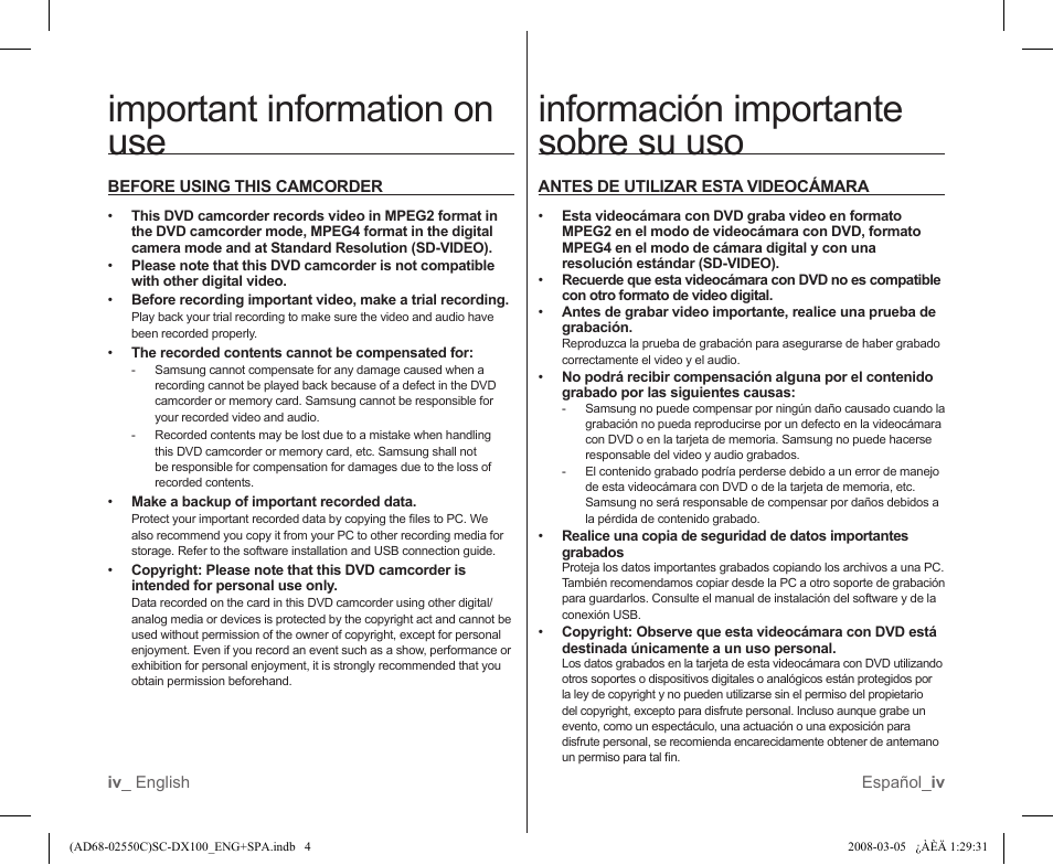 Important information on use, Información importante sobre su uso | Samsung SC-DX103-XAA User Manual | Page 4 / 120