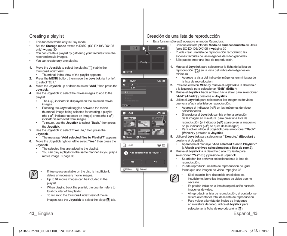 43 _ english español_ 43 creating a playlist, Creación de una lista de reproducción | Samsung SC-DX103-XAA User Manual | Page 49 / 120