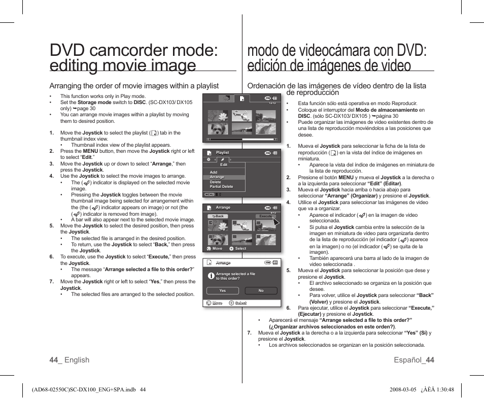 Dvd camcorder mode: editing movie image | Samsung SC-DX103-XAA User Manual | Page 50 / 120