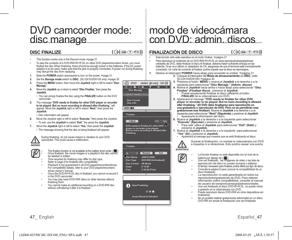 47 _ english español_ 47 disc finalize, Finalización de disco | Samsung SC-DX103-XAA User Manual | Page 53 / 120