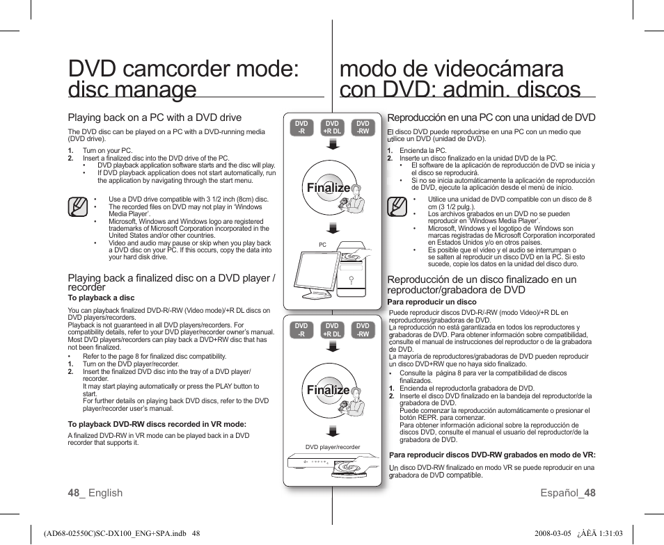 Dvd camcorder mode: disc manage, Modo de videocámara con dvd: admin. discos, Finalize | Samsung SC-DX103-XAA User Manual | Page 54 / 120