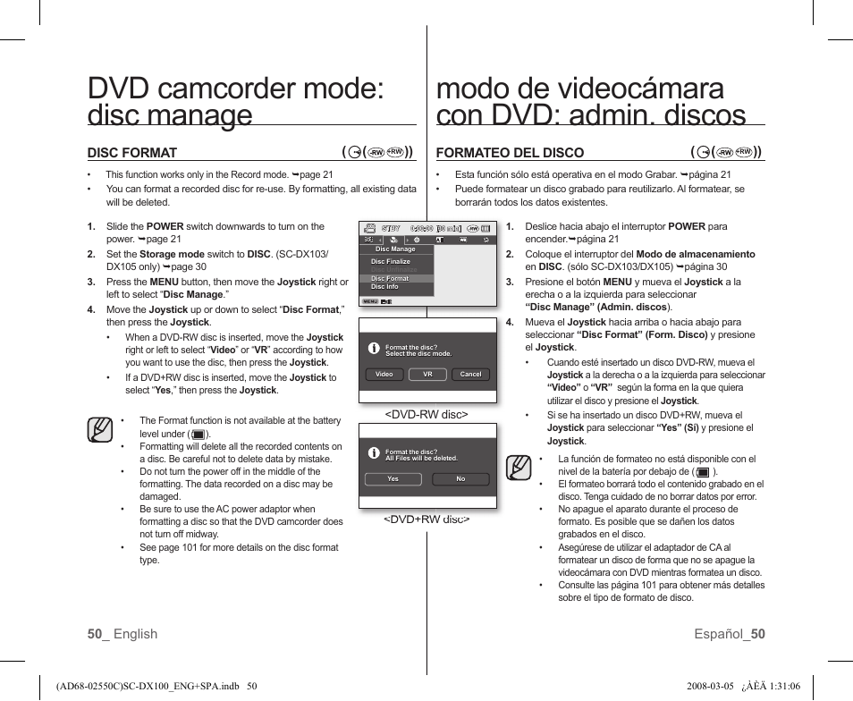 Dvd camcorder mode: disc manage, Modo de videocámara con dvd: admin. discos, 50 _ english español_ 50 | Disc format, Formateo del disco | Samsung SC-DX103-XAA User Manual | Page 56 / 120