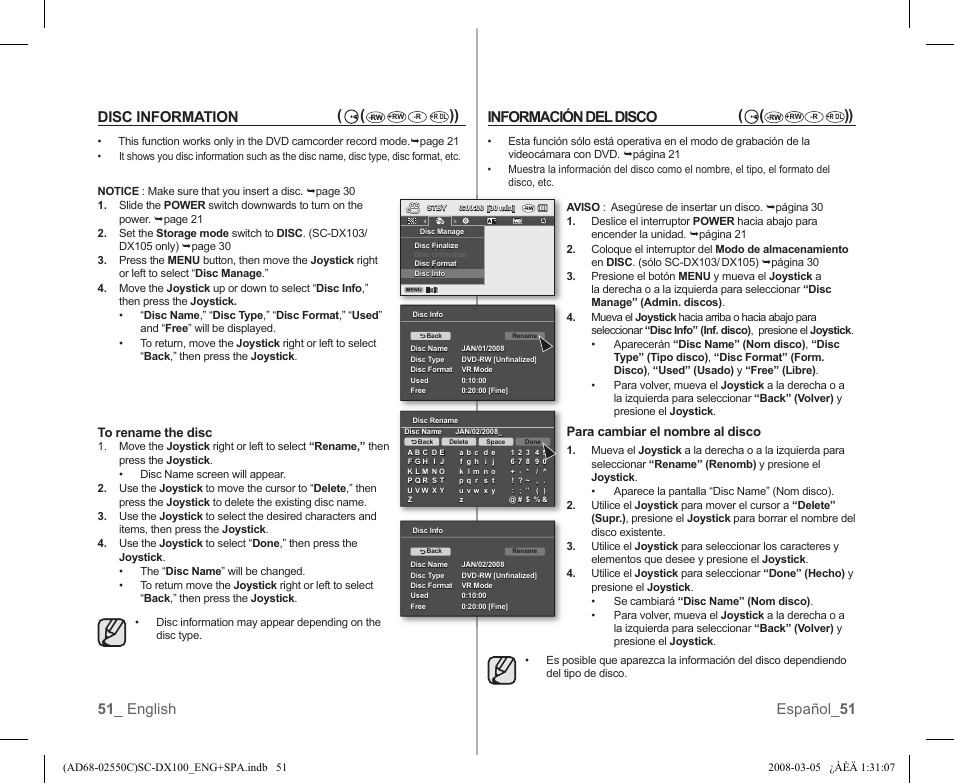 51 _ english español_ 51 disc information, Información del disco | Samsung SC-DX103-XAA User Manual | Page 57 / 120