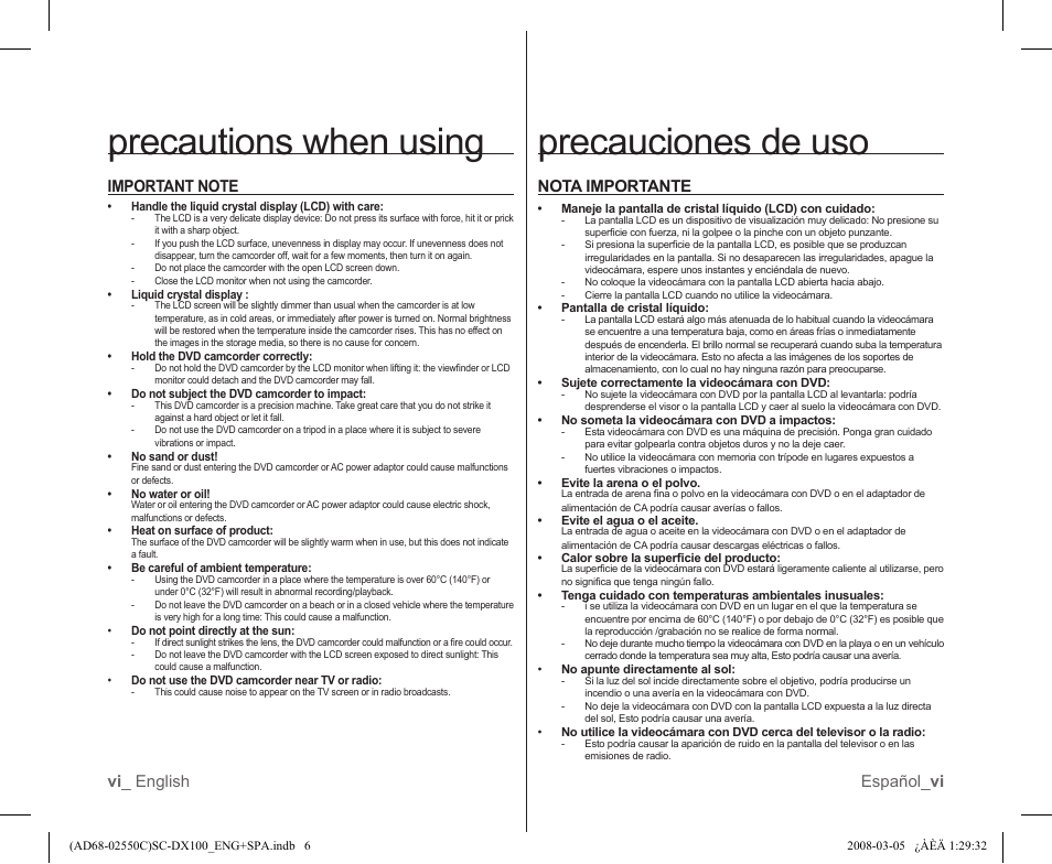 Precautions when using precauciones de uso, Nota importante | Samsung SC-DX103-XAA User Manual | Page 6 / 120