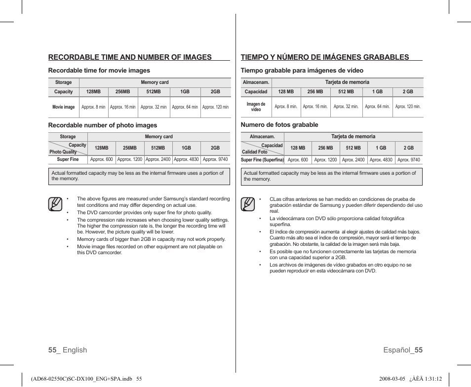 55 _ english español_ 55, Recordable time and number of images, Tiempo y número de imágenes grabables | Samsung SC-DX103-XAA User Manual | Page 61 / 120