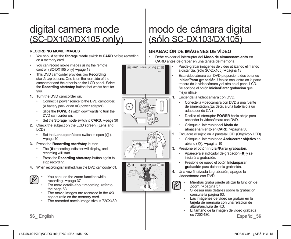 Digital camera mode, Only, Modo de cámara digital | Sólo | Samsung SC-DX103-XAA User Manual | Page 62 / 120