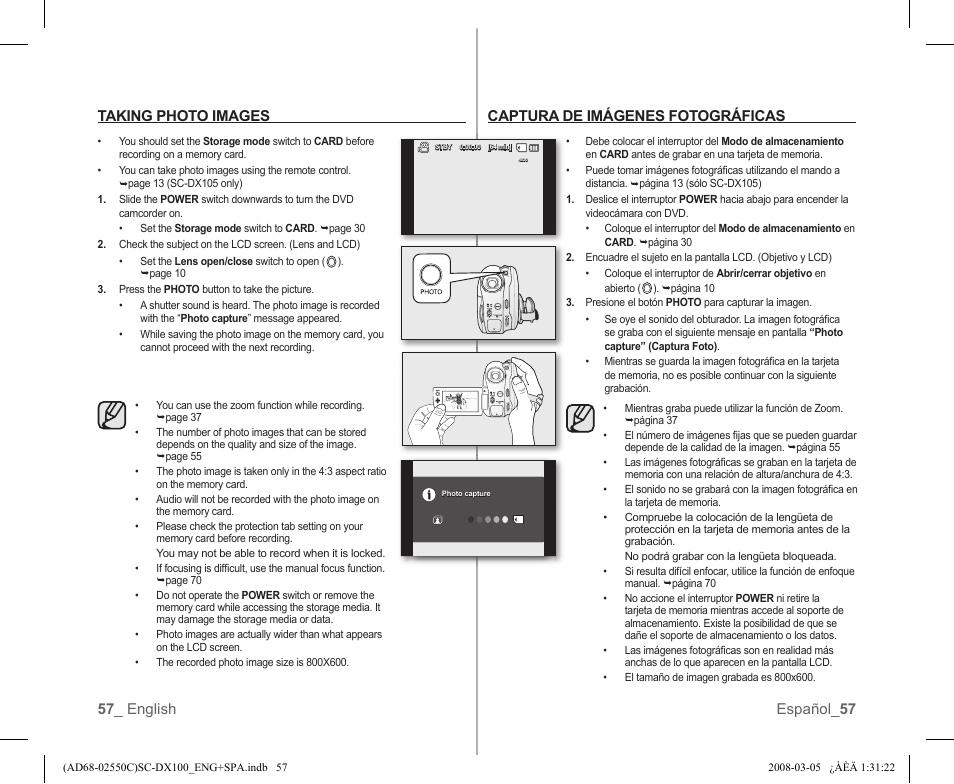 57 _ english español_ 57 taking photo images, Captura de imágenes fotográficas | Samsung SC-DX103-XAA User Manual | Page 63 / 120