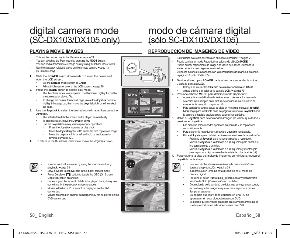 Digital camera mode, Modo de cámara digital, 58 _ english español_ 58 playing movie images | Reproducción de imágenes de vídeo | Samsung SC-DX103-XAA User Manual | Page 64 / 120