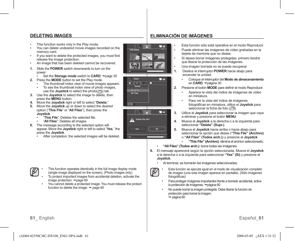 61 _ english español_ 61 deleting images, Eliminación de imágenes | Samsung SC-DX103-XAA User Manual | Page 67 / 120