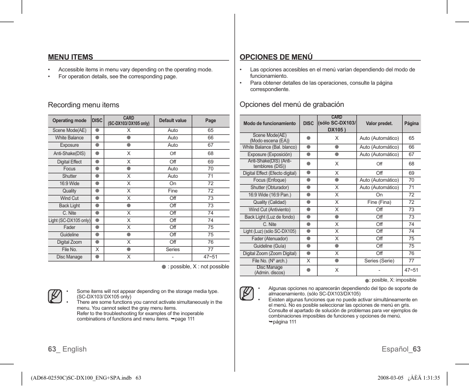 Opciones de menú, Opciones del menú de grabación, 63 _ english español_ 63 menu items | Recording menu items | Samsung SC-DX103-XAA User Manual | Page 69 / 120