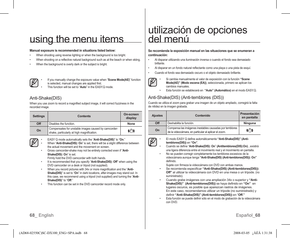 Utilización de opciones del menú, Using the menu items, Anti-shake(dis) (anti-temblores (dis)) | 68 _ english español_ 68, Anti-shake(dis) | Samsung SC-DX103-XAA User Manual | Page 74 / 120