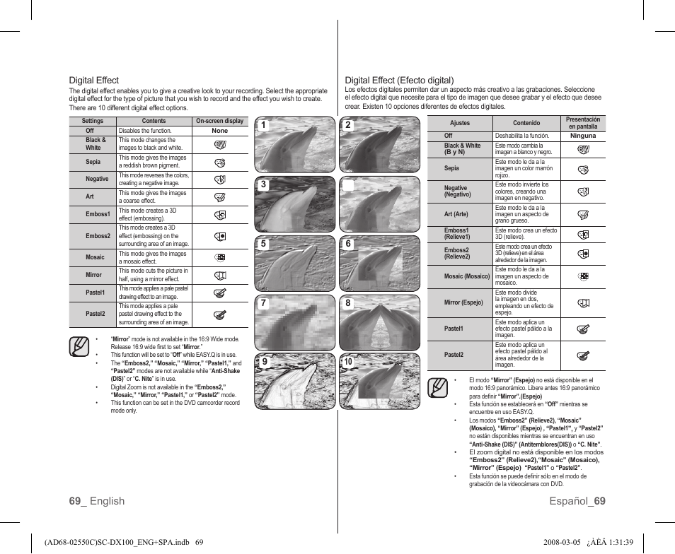 69 _ english español_ 69, Digital effect (efecto digital), Digital effect | Samsung SC-DX103-XAA User Manual | Page 75 / 120