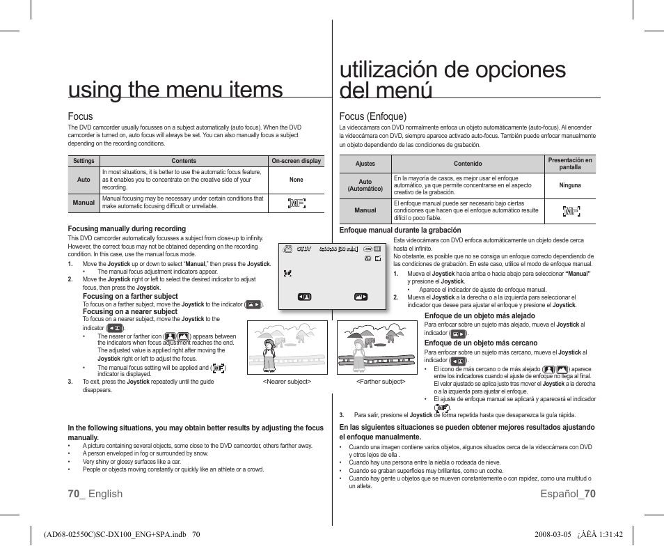 Utilización de opciones del menú, Using the menu items, Focus (enfoque) | 70 _ english español_ 70 focus | Samsung SC-DX103-XAA User Manual | Page 76 / 120