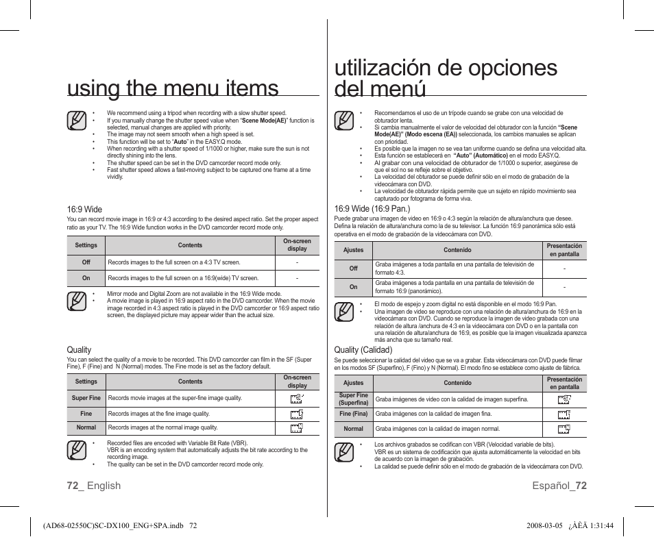 Utilización de opciones del menú, Using the menu items, 72 _ english español_ 72 | Samsung SC-DX103-XAA User Manual | Page 78 / 120