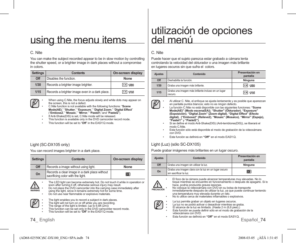 Utilización de opciones del menú, Using the menu items, 74 _ english español_ 74 | Samsung SC-DX103-XAA User Manual | Page 80 / 120