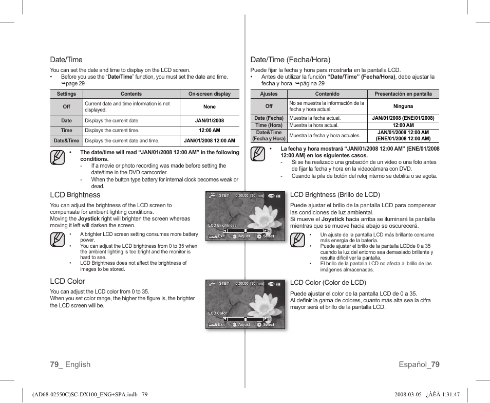 Date/time (fecha/hora), 79 _ english español_ 79 date/time, Htness | Lcd color | Samsung SC-DX103-XAA User Manual | Page 85 / 120
