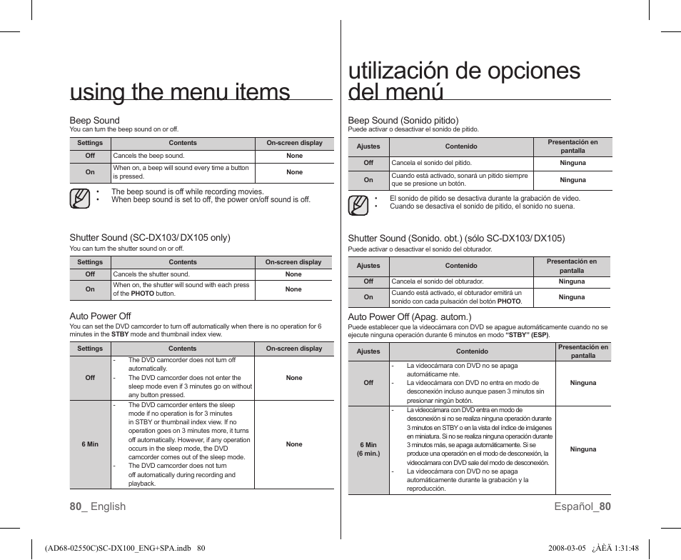 Utilización de opciones del menú, Using the menu items, 80 _ english español_ 80 | Samsung SC-DX103-XAA User Manual | Page 86 / 120