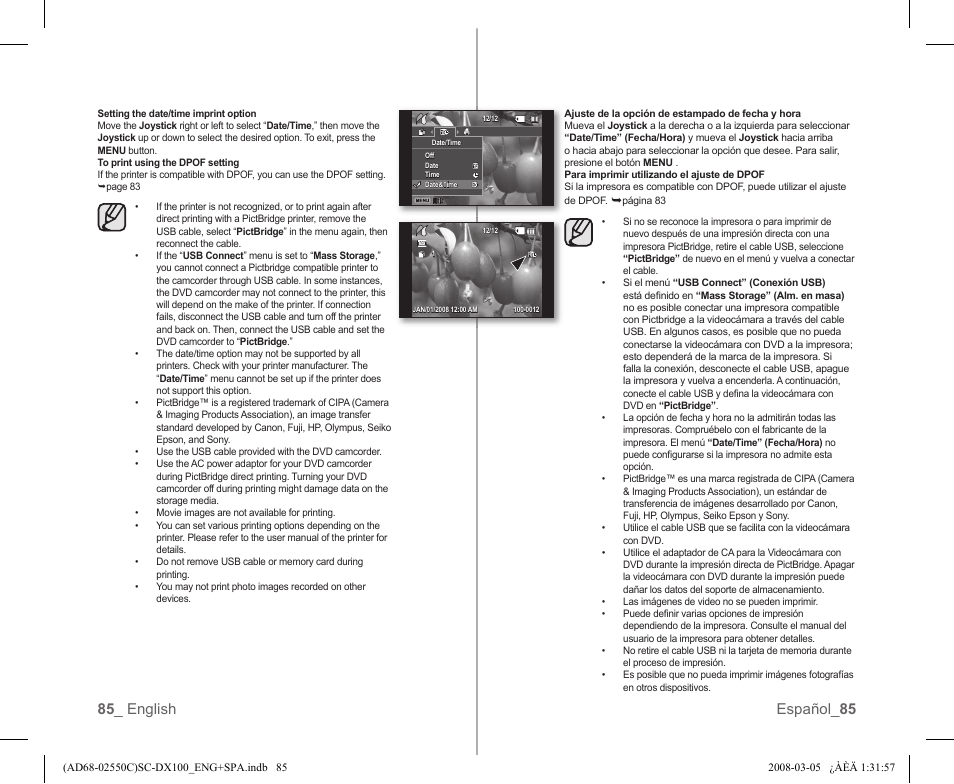 85 _ english español_ 85 | Samsung SC-DX103-XAA User Manual | Page 91 / 120