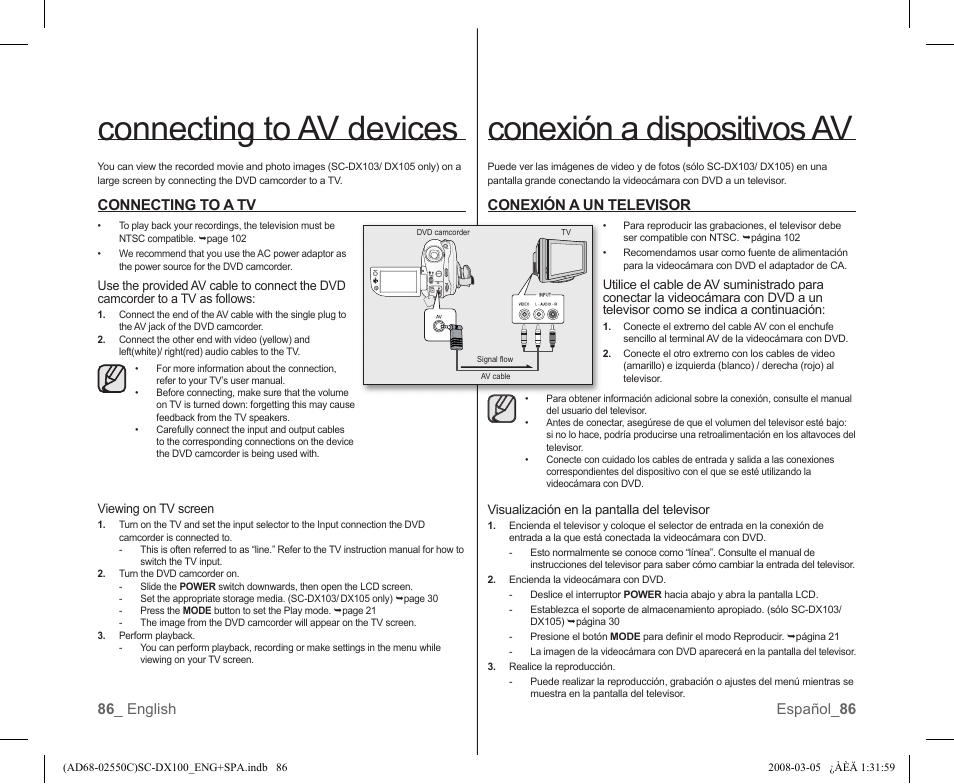 Connecting to av devices, Conexión a dispositivos av, Conexión a un televisor | 86 _ english español_ 86, Connecting to a tv | Samsung SC-DX103-XAA User Manual | Page 92 / 120