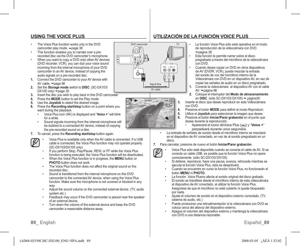 Utilización de la función voice plus, 89 _ english español_ 89 using the voice plus | Samsung SC-DX103-XAA User Manual | Page 95 / 120