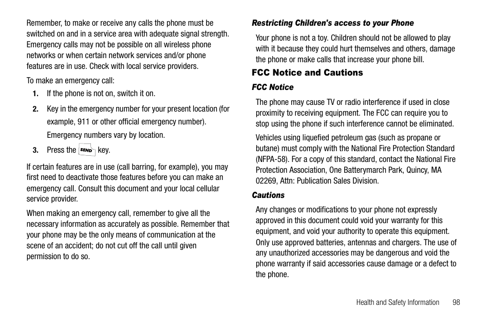 Restricting children's access to your phone, Fcc notice and cautions, Fcc notice | Cautions | Samsung SCH-R210LSAUSC User Manual | Page 101 / 112