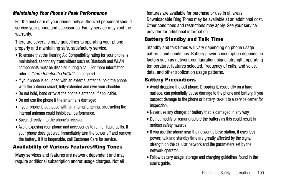 Maintaining your phone's peak performance, Availability of various features/ring tones, Battery standby and talk time | Battery precautions | Samsung SCH-R210LSAUSC User Manual | Page 103 / 112