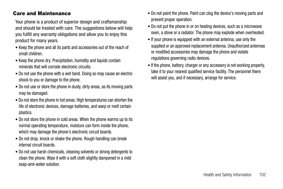 Care and maintenance | Samsung SCH-R210LSAUSC User Manual | Page 105 / 112