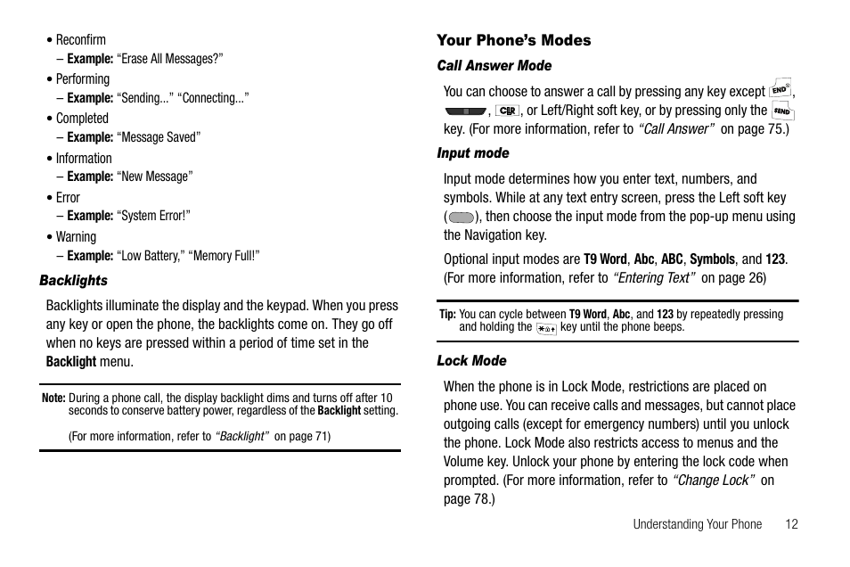 Backlights, Your phone’s modes, Call answer mode | Input mode, Lock mode | Samsung SCH-R210LSAUSC User Manual | Page 15 / 112