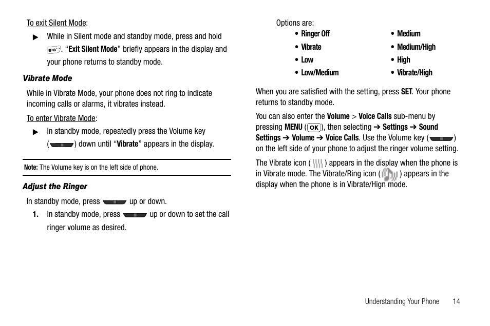Vibrate mode, Adjust the ringer | Samsung SCH-R210LSAUSC User Manual | Page 17 / 112