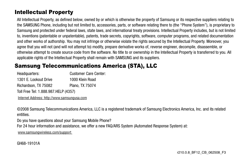 Intellectual property, Samsung telecommunications america (sta), llc | Samsung SCH-R210LSAUSC User Manual | Page 2 / 112