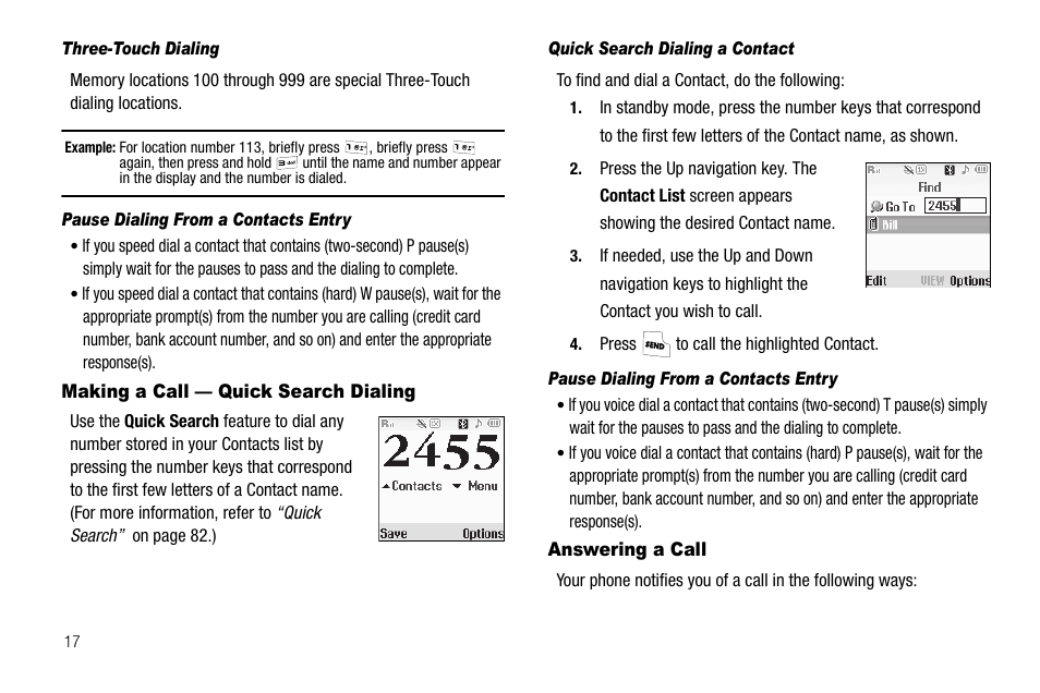 Three-touch dialing, Pause dialing from a contacts entry, Making a call - quick search dialing | Quick search dialing a contact, Answering a call | Samsung SCH-R210LSAUSC User Manual | Page 20 / 112