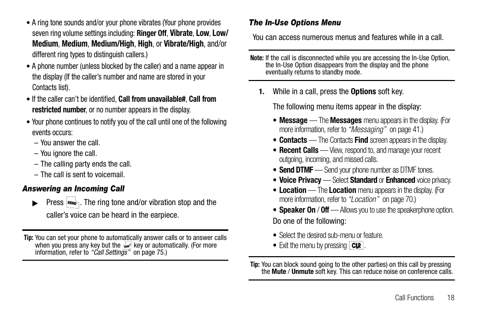 Answering an incoming call, The in-use options menu | Samsung SCH-R210LSAUSC User Manual | Page 21 / 112