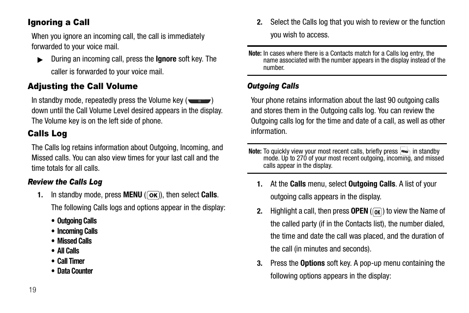 Ignoring a call, Adjusting the call volume, Calls log | Review the calls log, Outgoing calls | Samsung SCH-R210LSAUSC User Manual | Page 22 / 112