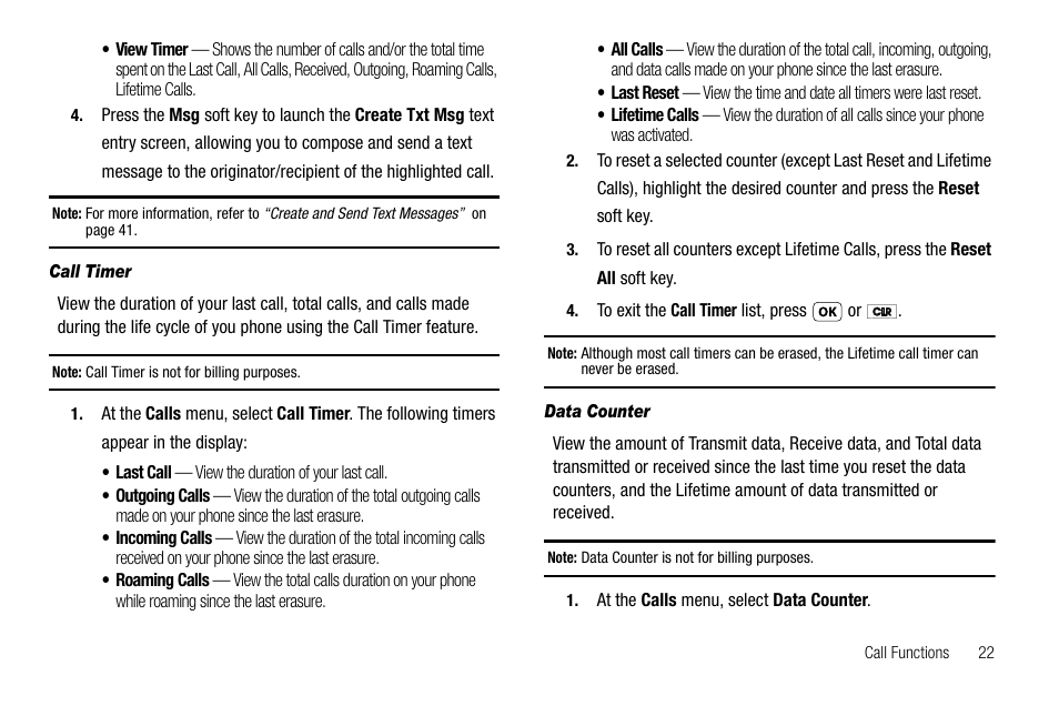 Call timer, Data counter | Samsung SCH-R210LSAUSC User Manual | Page 25 / 112