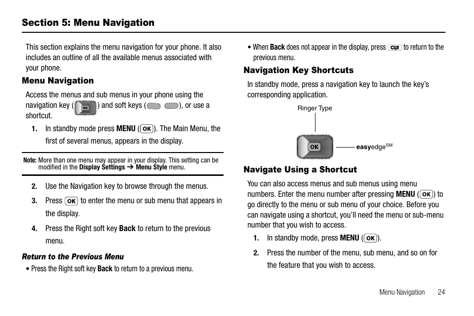 Section 5: menu navigation, Menu navigation, Return to the previous menu | Navigation key shortcuts, Navigate using a shortcut, Section 4: menu navigation | Samsung SCH-R210LSAUSC User Manual | Page 27 / 112