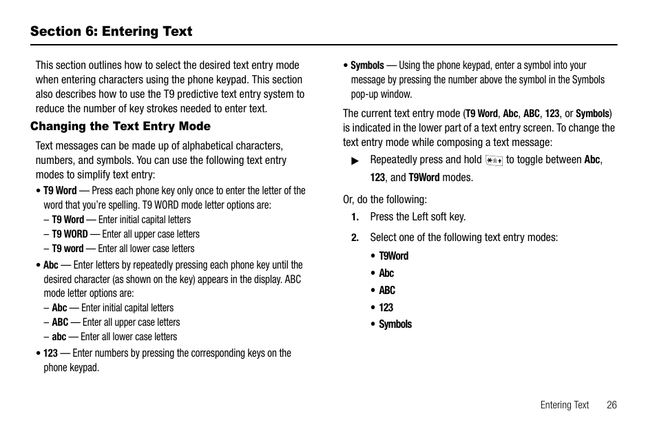 Section 6: entering text, Changing the text entry mode, Section 5: entering text | Samsung SCH-R210LSAUSC User Manual | Page 29 / 112