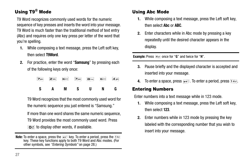 Using t9® mode, Using abc mode, Entering numbers | Using t9® mode using abc mode entering numbers | Samsung SCH-R210LSAUSC User Manual | Page 30 / 112