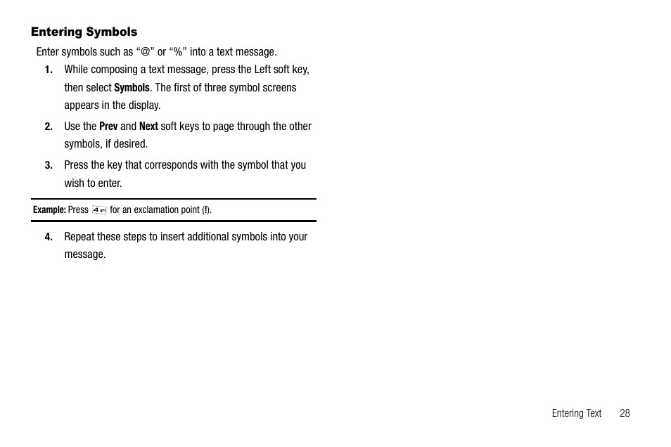 Entering symbols | Samsung SCH-R210LSAUSC User Manual | Page 31 / 112