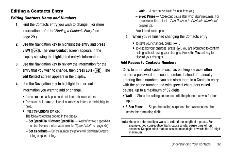 Editing a contacts entry, Editing contacts name and numbers, Add pauses to contacts numbers | Samsung SCH-R210LSAUSC User Manual | Page 35 / 112