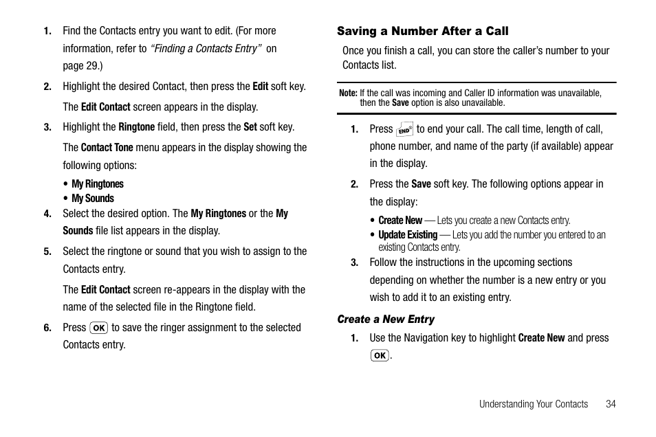 Saving a number after a call, Create a new entry | Samsung SCH-R210LSAUSC User Manual | Page 37 / 112