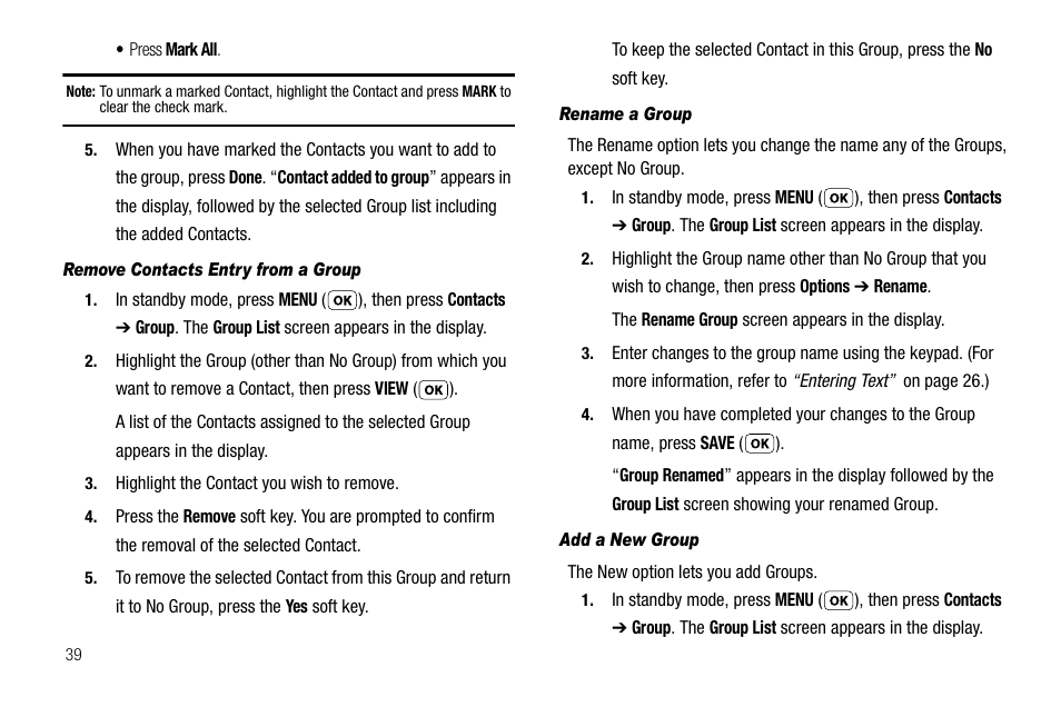 Remove contacts entry from a group, Rename a group, Add a new group | Samsung SCH-R210LSAUSC User Manual | Page 42 / 112