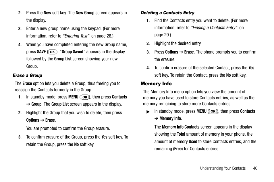 Erase a group, Deleting a contacts entry, Memory info | Samsung SCH-R210LSAUSC User Manual | Page 43 / 112