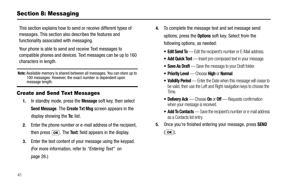 Section 8: messaging, Create and send text messages, Section 7: messaging | Samsung SCH-R210LSAUSC User Manual | Page 44 / 112