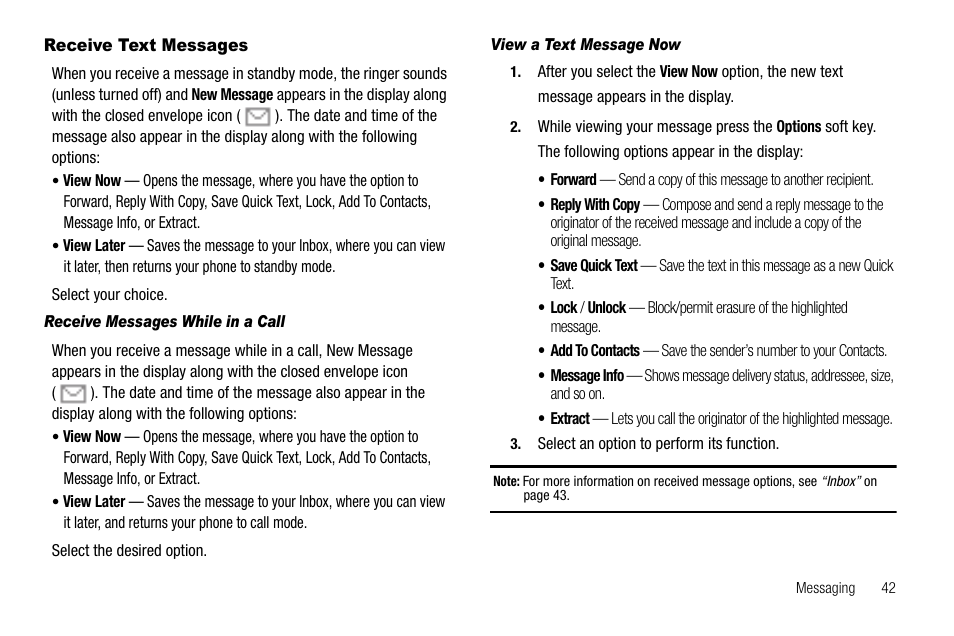 Receive text messages, Receive messages while in a call, View a text message now | Samsung SCH-R210LSAUSC User Manual | Page 45 / 112
